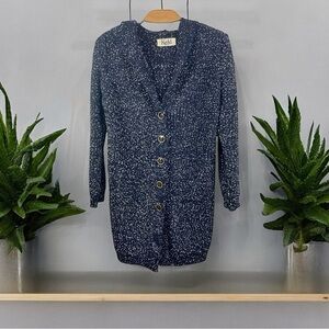 Kenki Navy Speckled Long Button Front Hooded Knit Cardigan Size F Free Size)